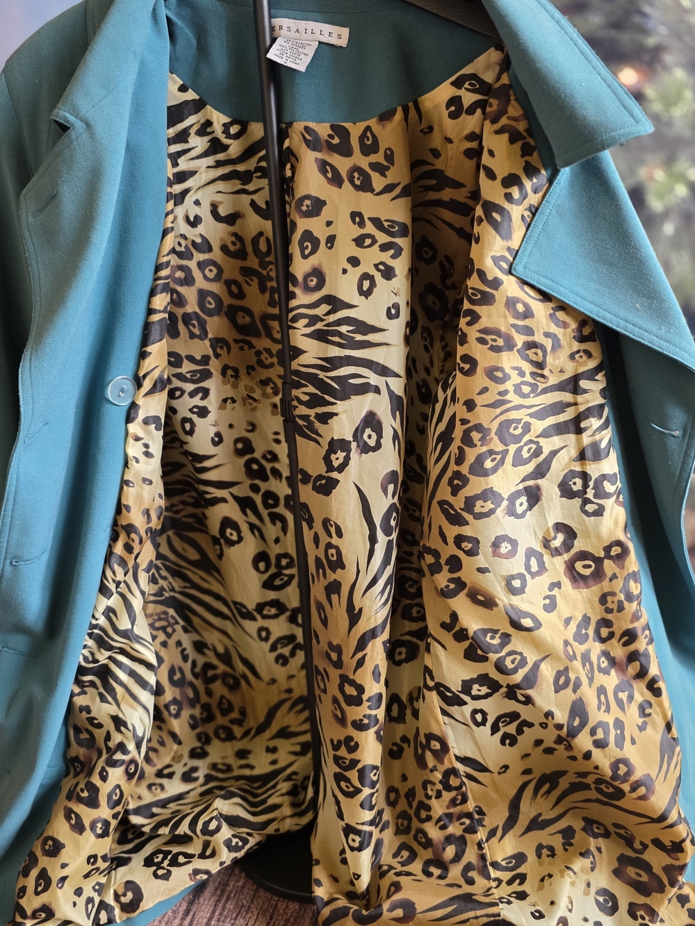 Teal Trench Coat with Leopard-Print Lining